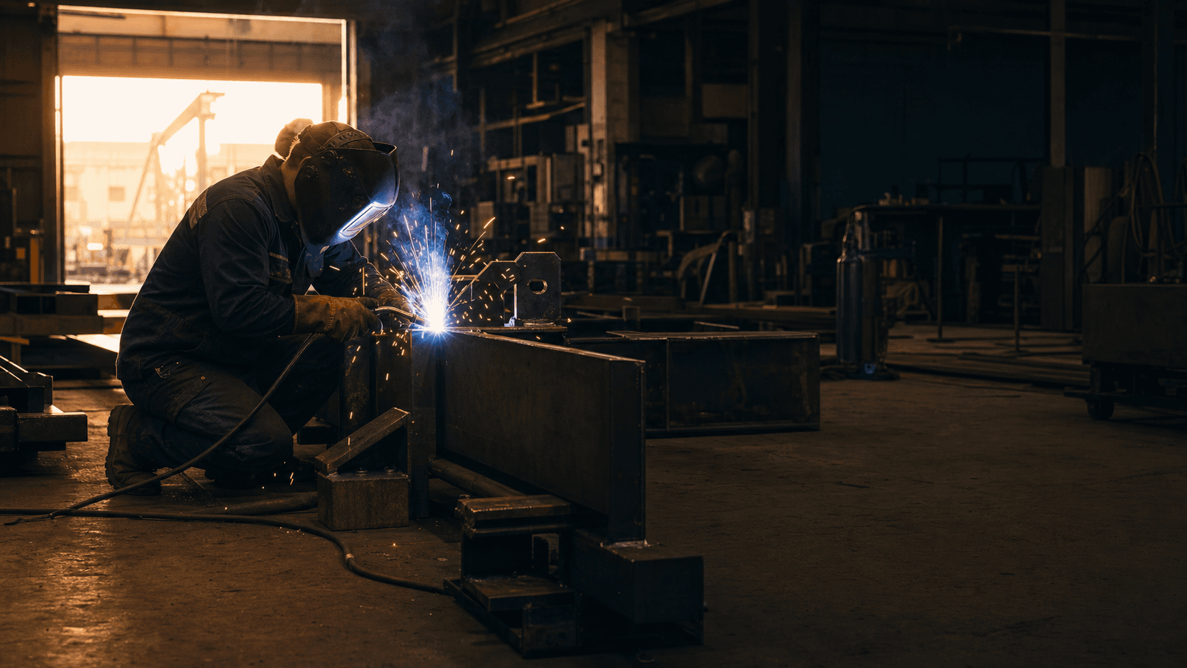 Fabricator welding a heavy steel assembly
