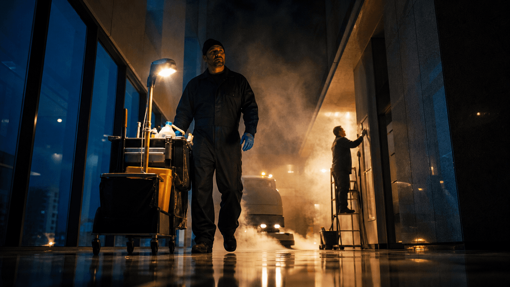 Facilities crew working at an active building at night