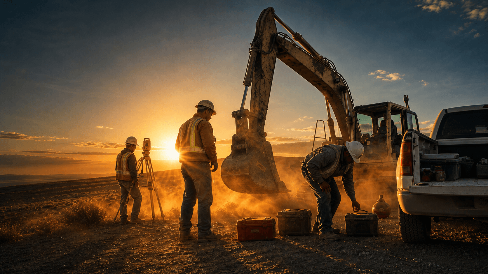 Utility crew and equipment at work at sunset