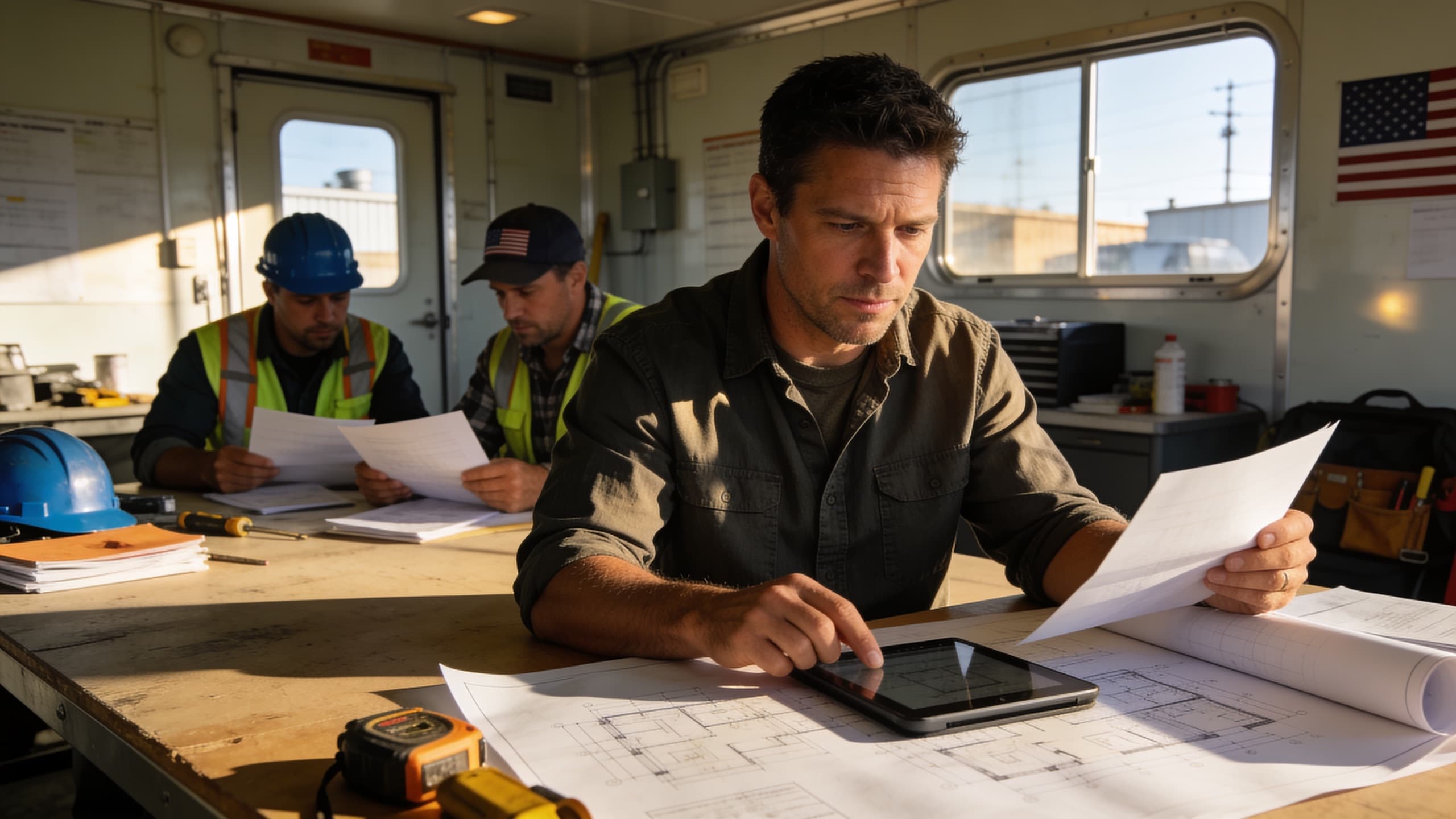 A project team reviewing plans and requirements together
